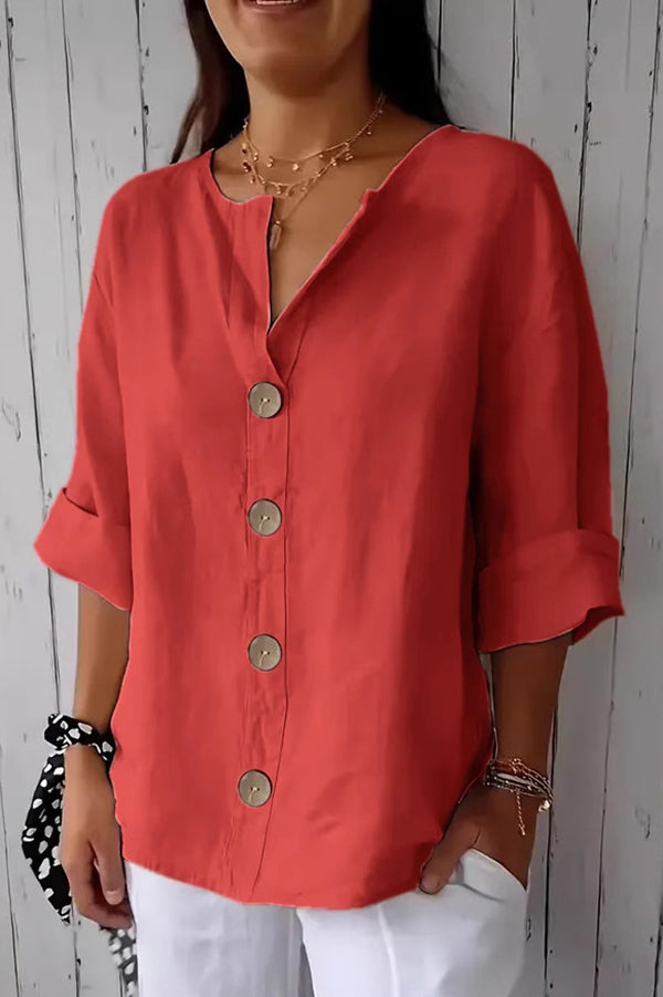 Solid Color V-neck Loose Button Top-Comfort & Reliable