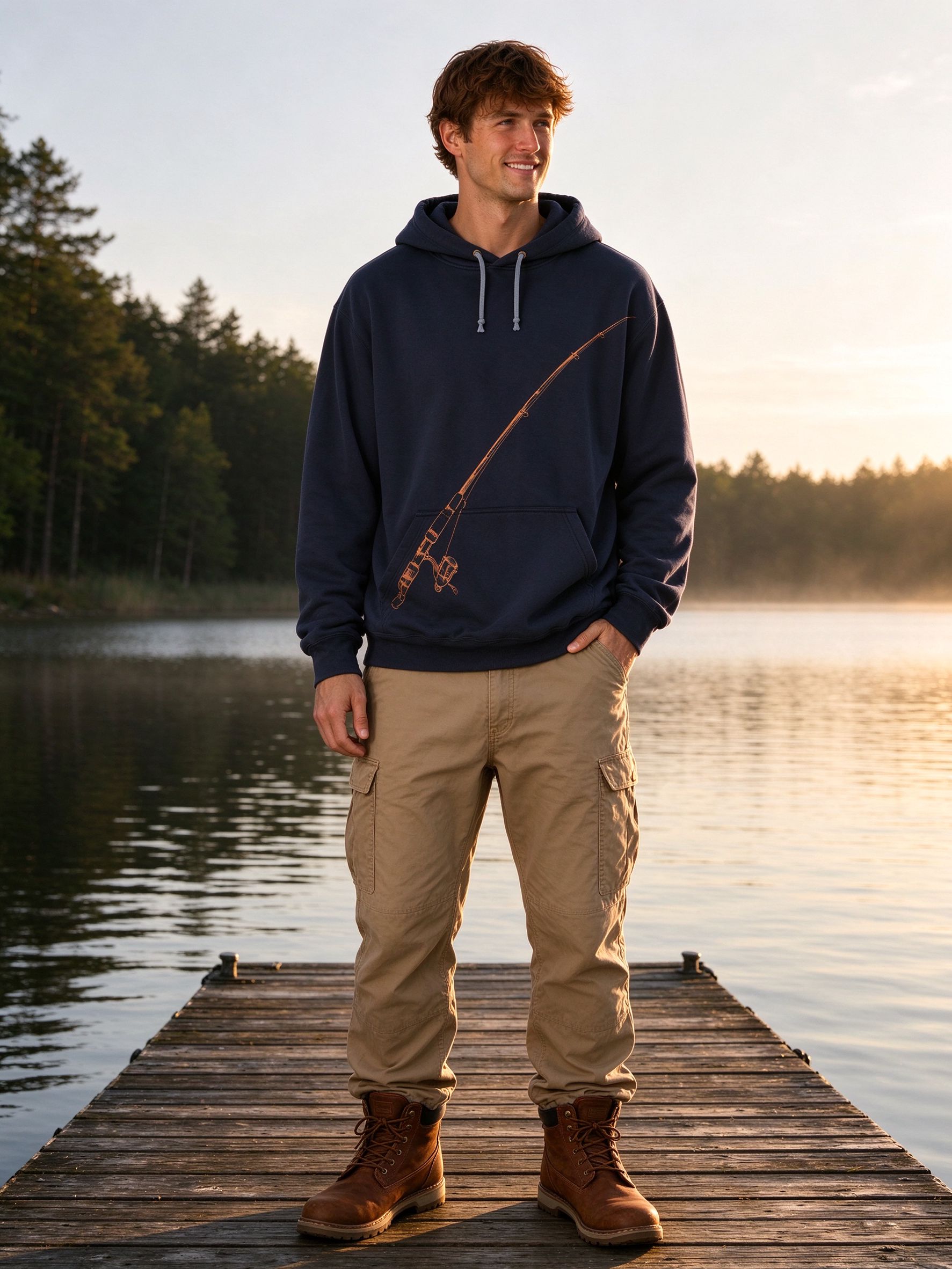 man in navy fishing hoodie on dock at sunrise