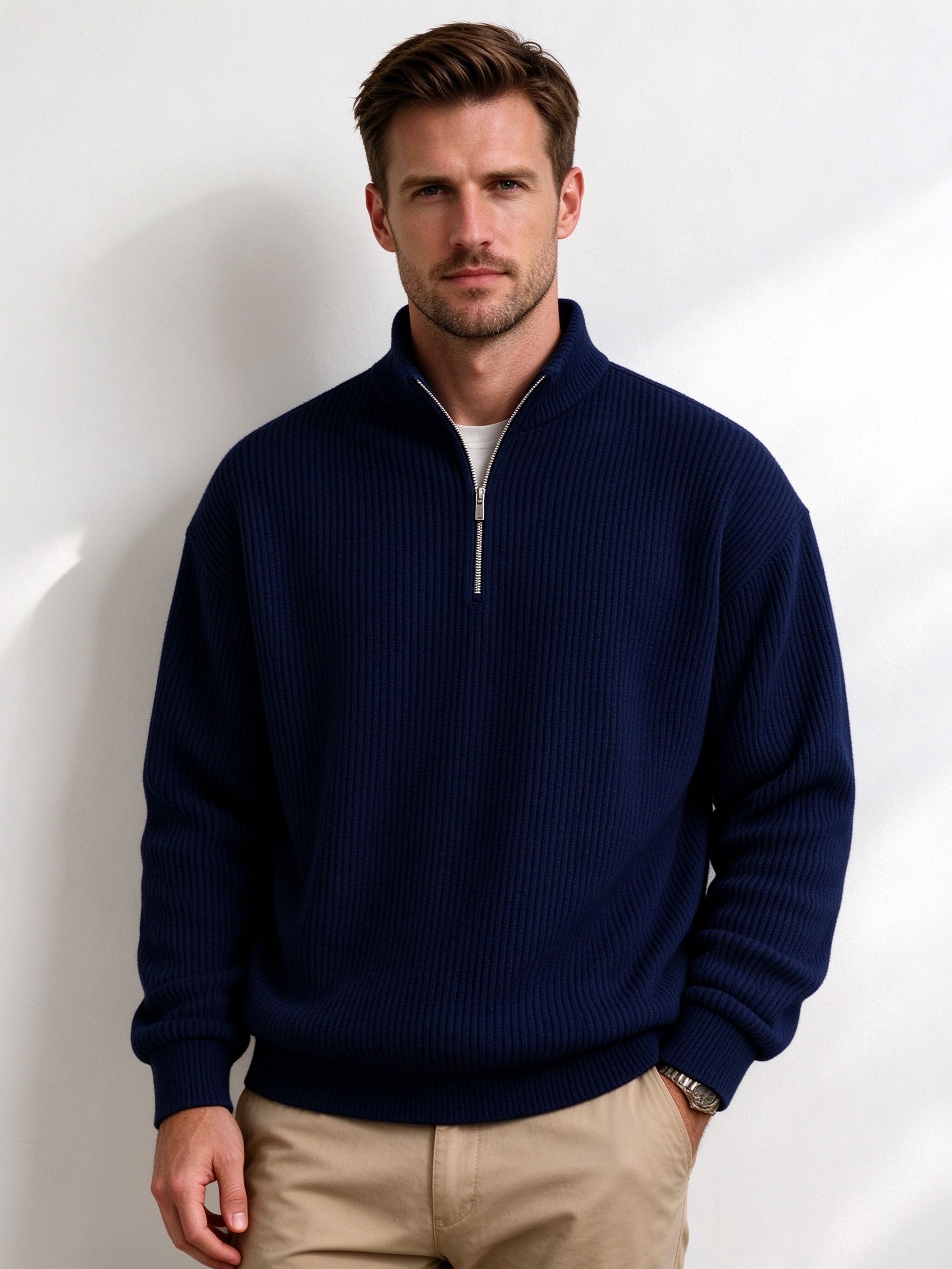 Man wearing navy blue ribbed half-zip