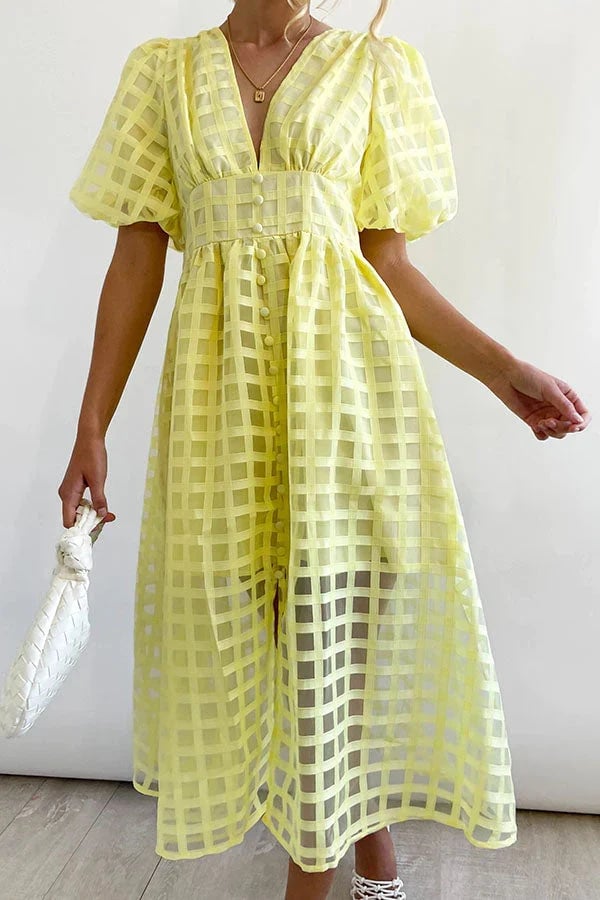 Beauty Square Patterned Fabric Puff Sleeve Midi Dress-Comfort & Reliable