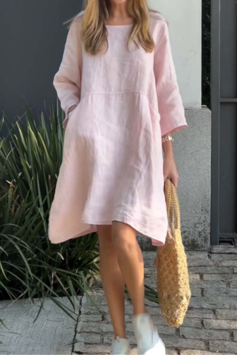 Casual solid color cotton and linen dress-Comfort & Reliable