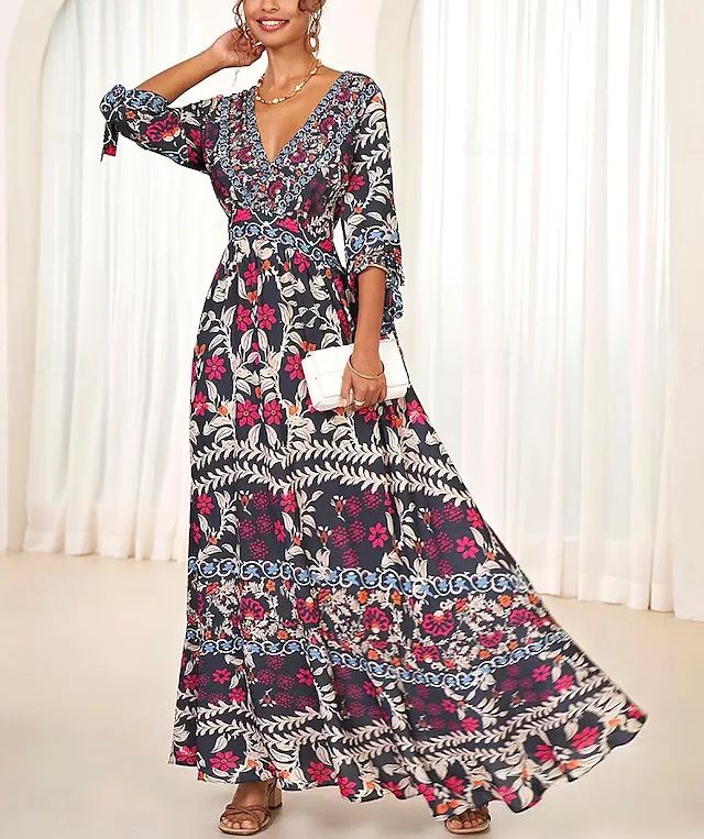 Women's Bohemian Maxi Dress V-Neck-Comfort & Reliable
