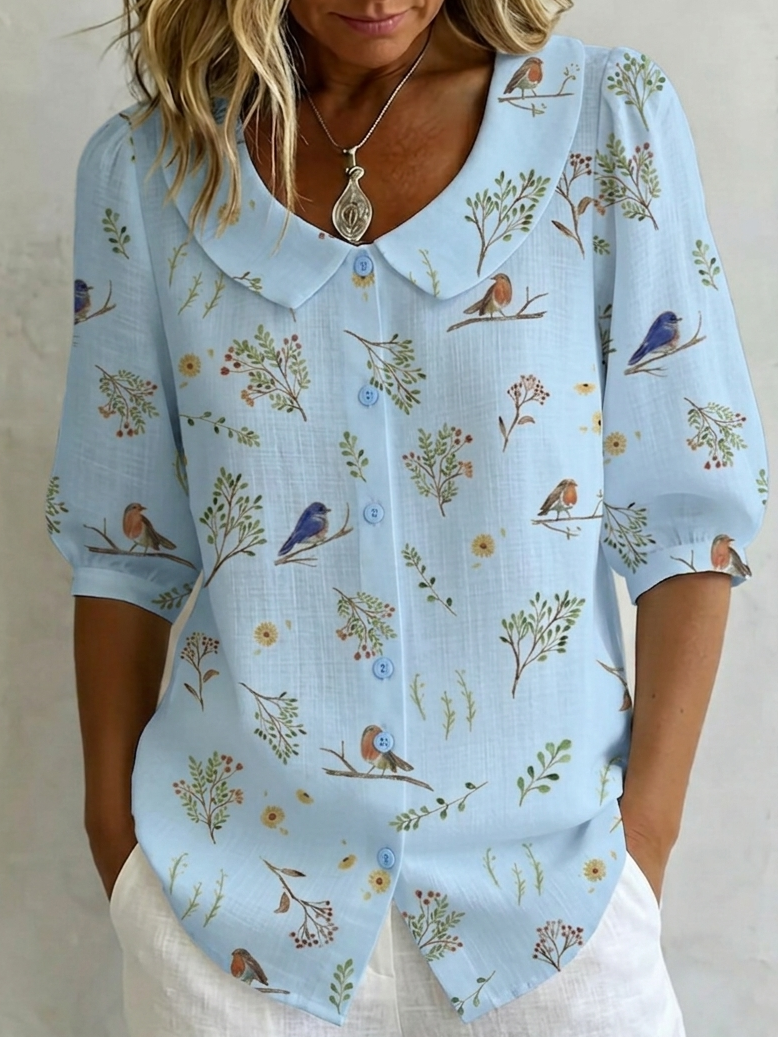 "Forest Whispers" Peter Pan Collar Linen-Cotton Shirt