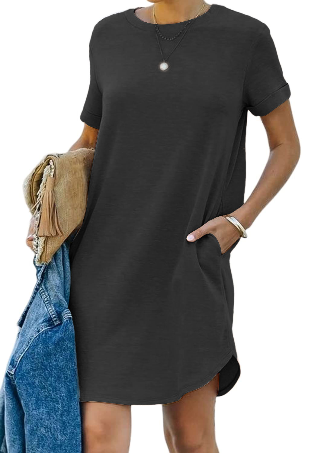 Women's Casual Short Sleeve T-Shirt Dress With Pocket