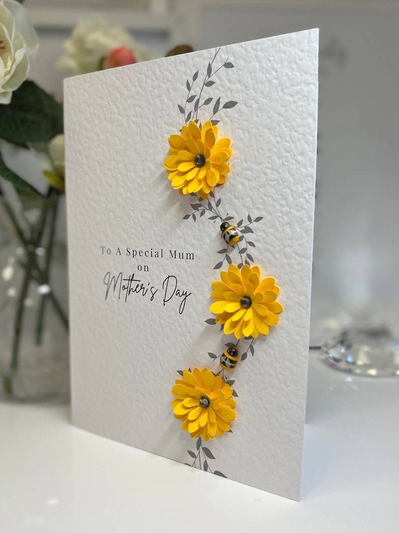 😍3D Sunflower & Wooden Bee Handmade Mother's Day Card💘