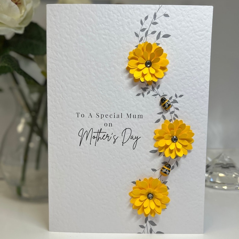 😍3D Sunflower & Wooden Bee Handmade Mother's Day Card💘