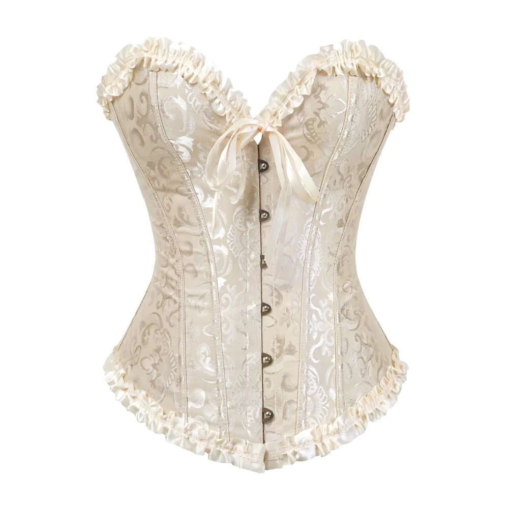 Women's Lacing Corset Top Satin Floral Boned Overbust Body Shaper Bustier