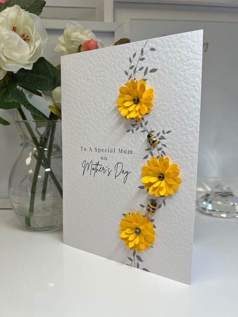 😍3D Sunflower & Wooden Bee Handmade Mother's Day Card💘