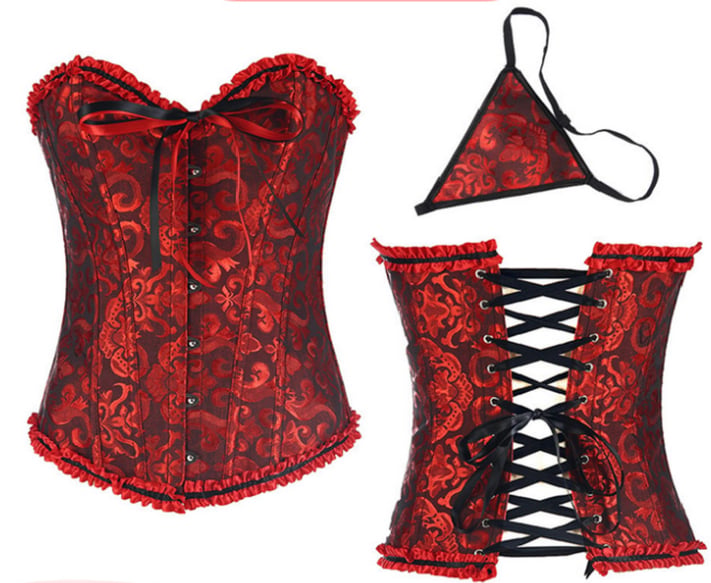 Women's Lacing Corset Top Satin Floral Boned Overbust Body Shaper Bustier