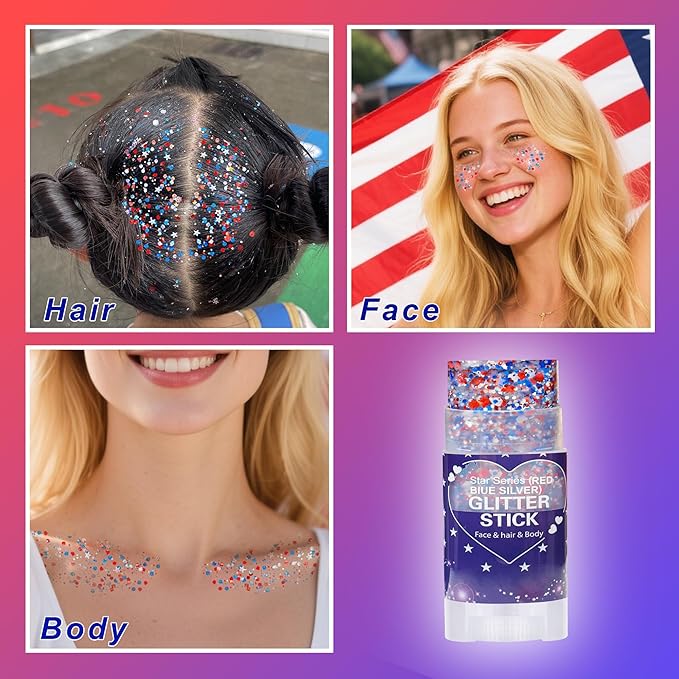 🦅Patriotic Red White & Blue Glitter Stick✨