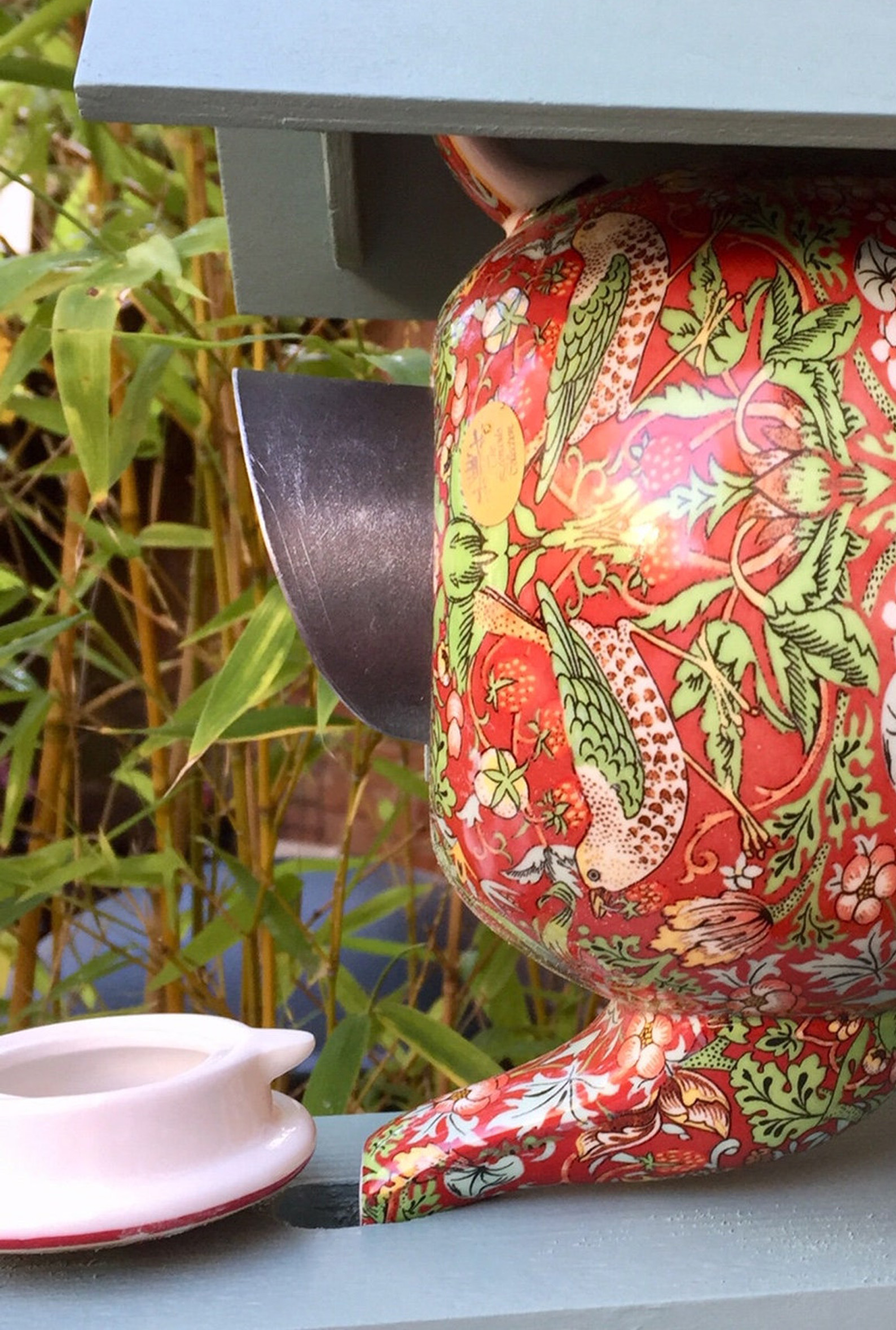 William Morris Teal Teapot Bird House and Feeder