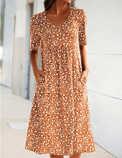 Casual Women Cotton Scoop Neck Floral Dress (8 Colors with Pockets)