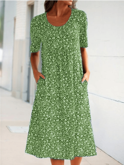 Casual Women Cotton Scoop Neck Floral Dress (8 Colors with Pockets)
