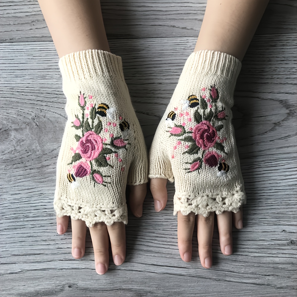 Hand Embroidered Gloves Women's Knitted Gloves Flower Gloves