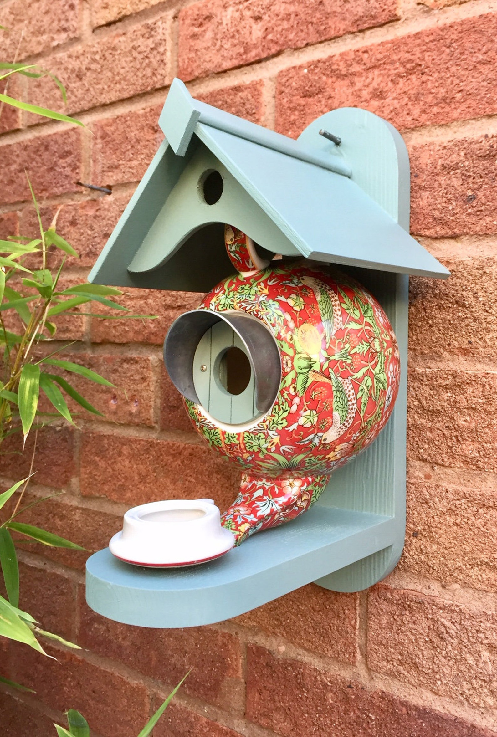 William Morris Teal Teapot Bird House and Feeder