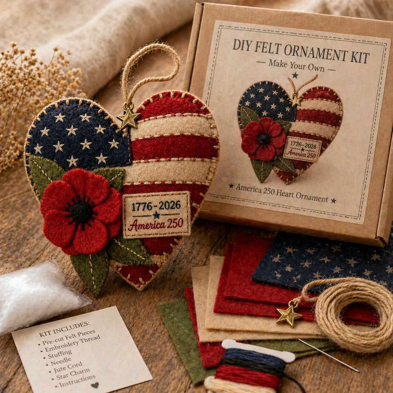 Handmade America 250 Heart Ornament – Patriotic Fabric Decor with Poppy Flower (1776–2026 Anniversary Edition)