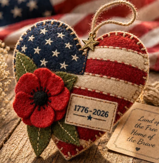 Handmade America 250 Heart Ornament – Patriotic Fabric Decor with Poppy Flower (1776–2026 Anniversary Edition)