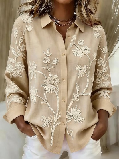 Women’s Light Blue Printed Floral Long Sleeve Button Down Collared Blouse Elegant Shirt