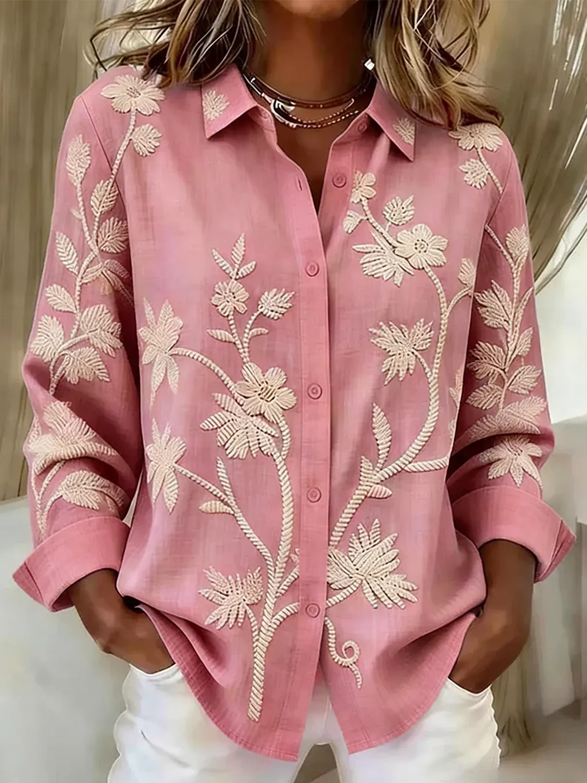 Women’s Light Blue Printed Floral Long Sleeve Button Down Collared Blouse Elegant Shirt