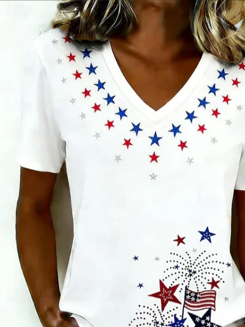 Women's USA 250th Anniversary Short Sleeve T-shirt Summer White America Flag Jersey V Neck Holiday Going Out Casual Top