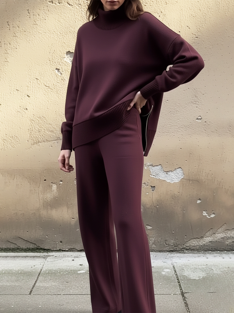 Casual Travel Stand Collar Side Zipper Top Straight Pants Two-Piece Set