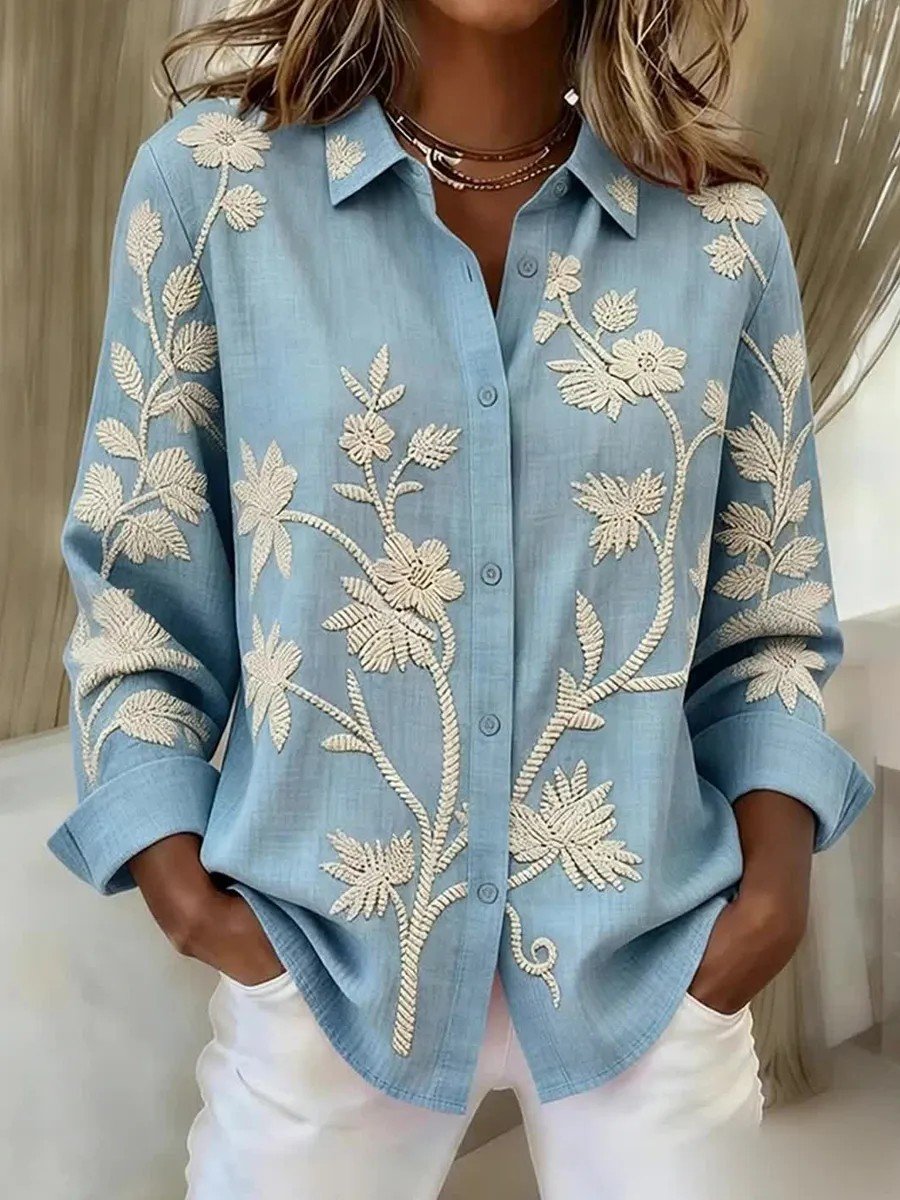 Women’s Light Blue Printed Floral Long Sleeve Button Down Collared Blouse Elegant Shirt