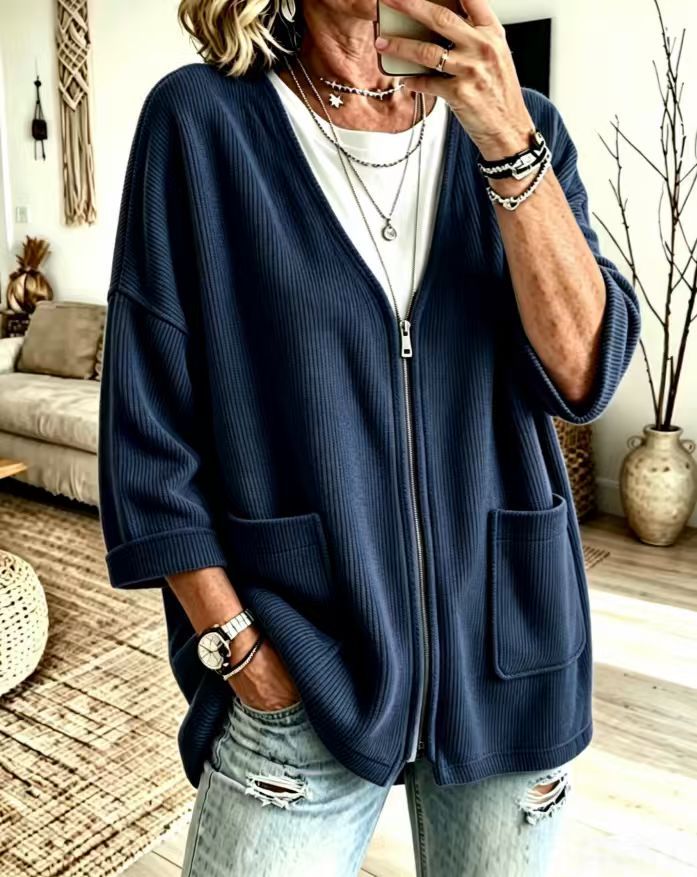 V-Neck Zip Pocket Relaxed Knit Cardigan product image 2