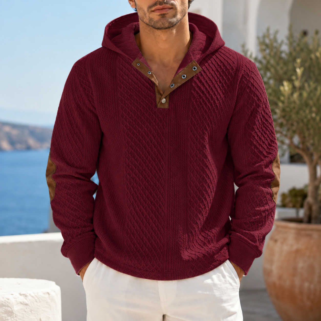 Men Textured Knit Hoodie Quarter Button Casual Sweater With Faux Leather Elbow Patches