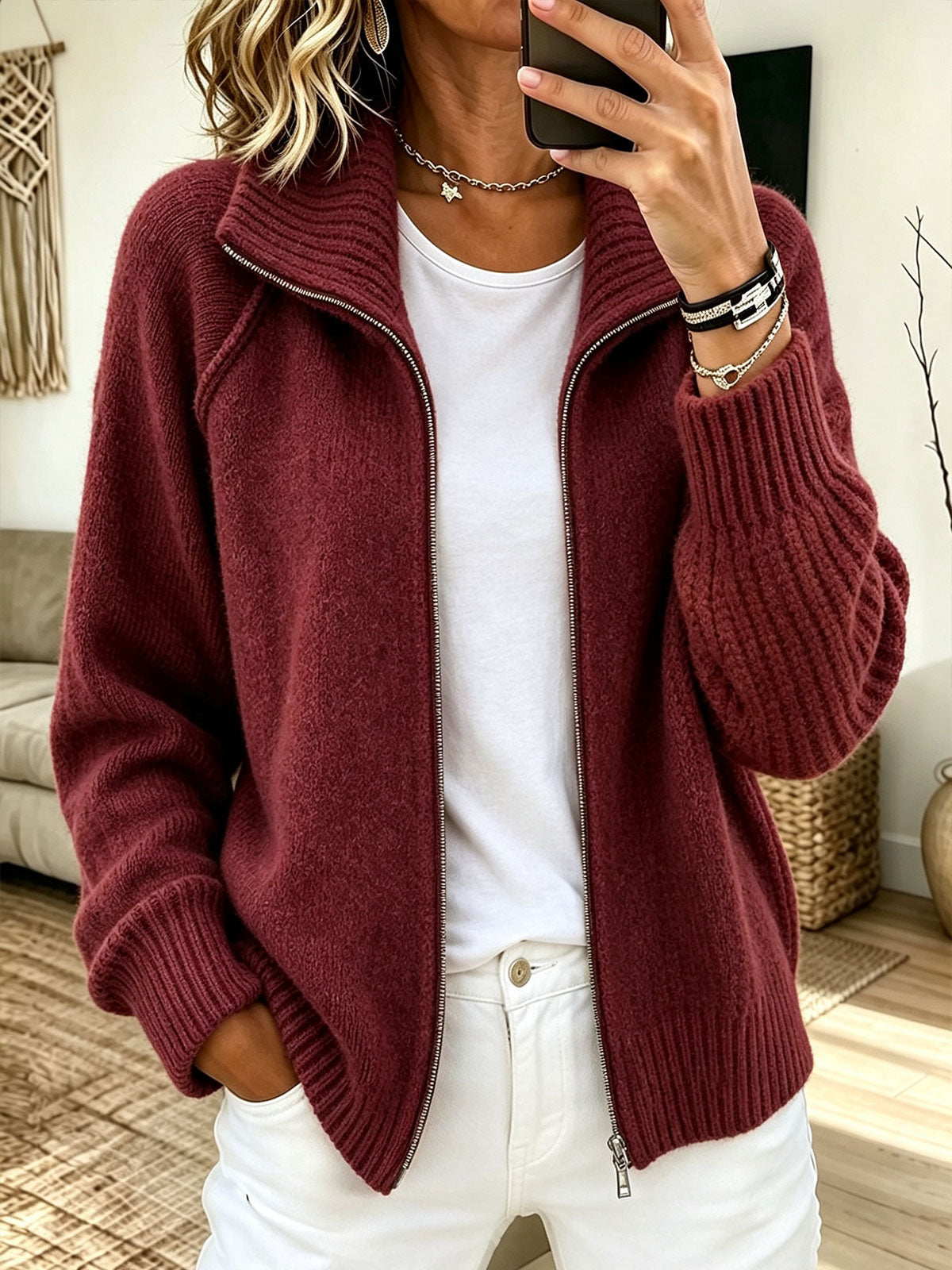 Women Stand Collar Full-Zip Raglan Sleeve Chunky Knit Cardigan Jacket product image 2