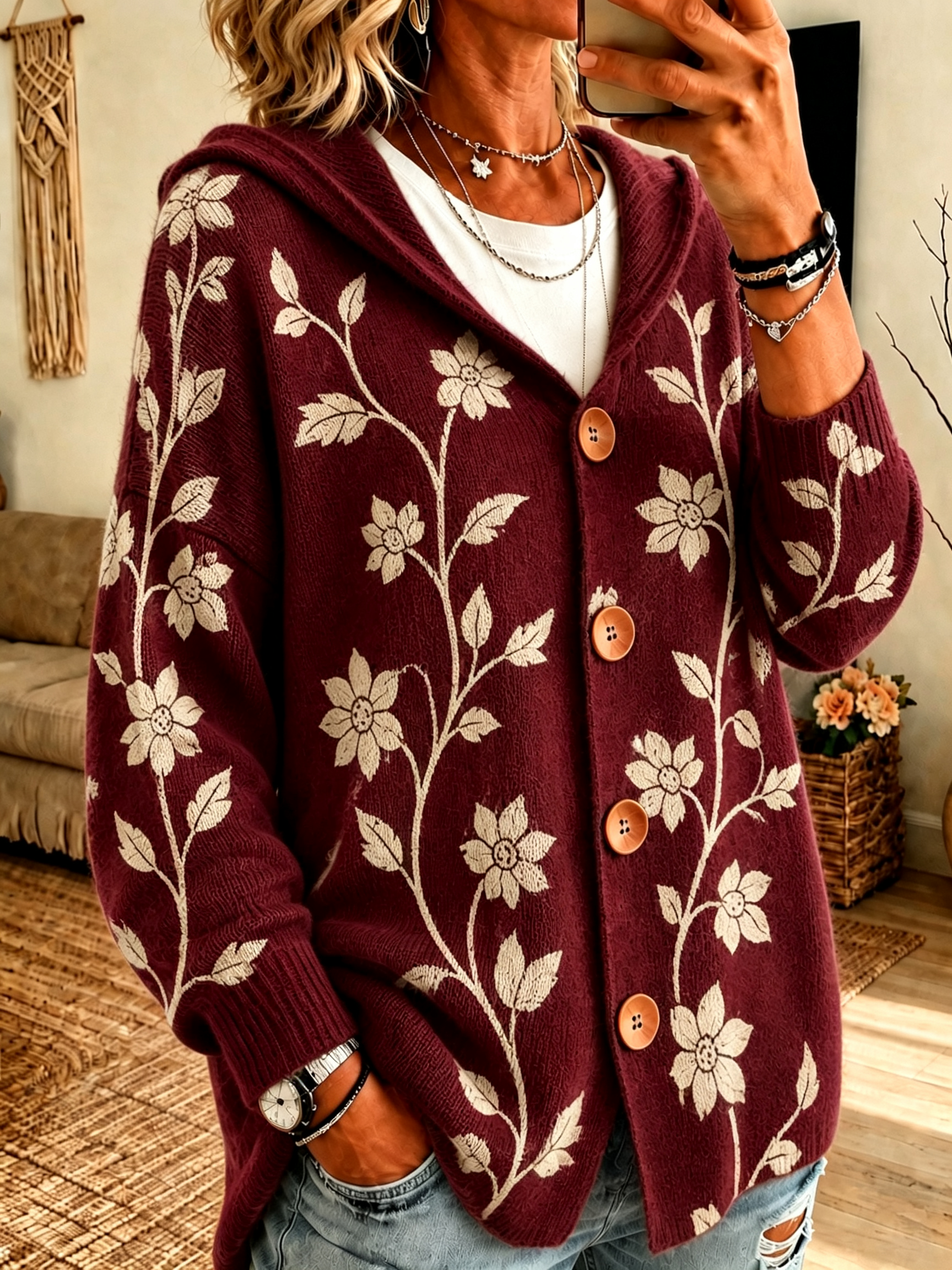 Floral Print Button Hooded Cardigan product image 6