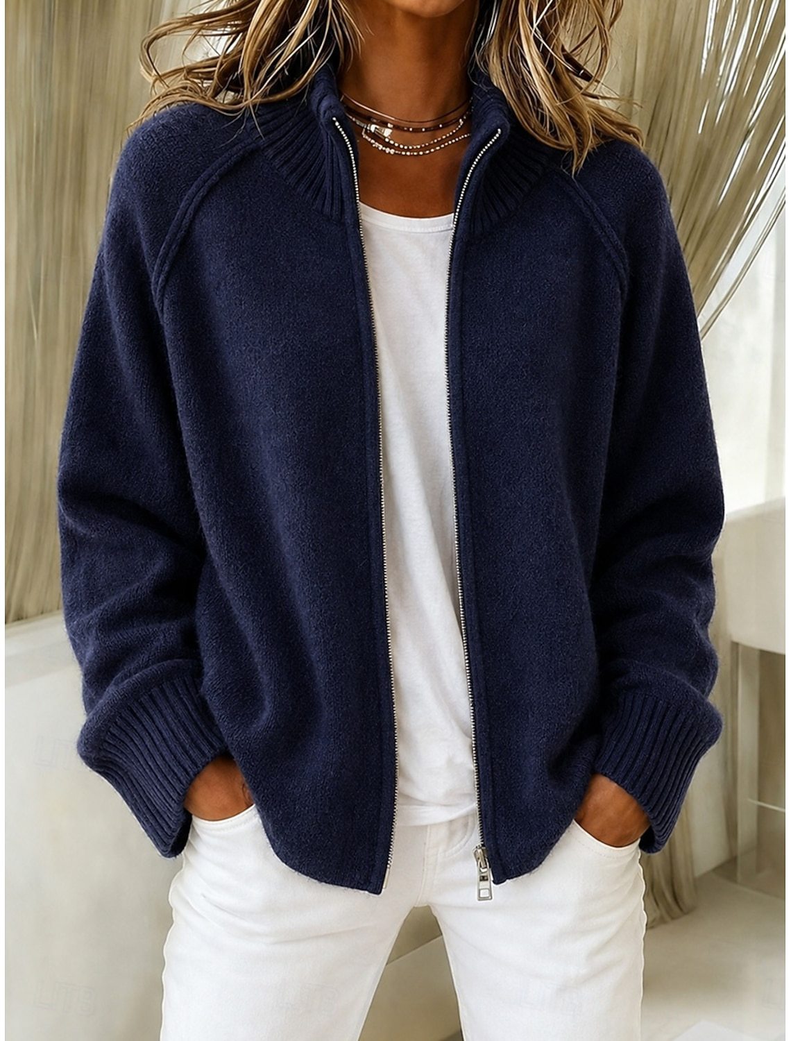 Women Stand Collar Full-Zip Raglan Sleeve Chunky Knit Cardigan Jacket product image 4