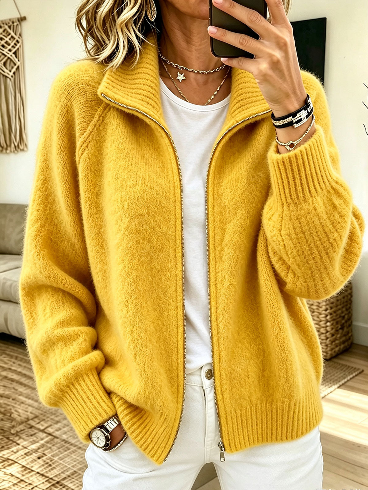 Women Stand Collar Full-Zip Raglan Sleeve Chunky Knit Cardigan Jacket product image 1