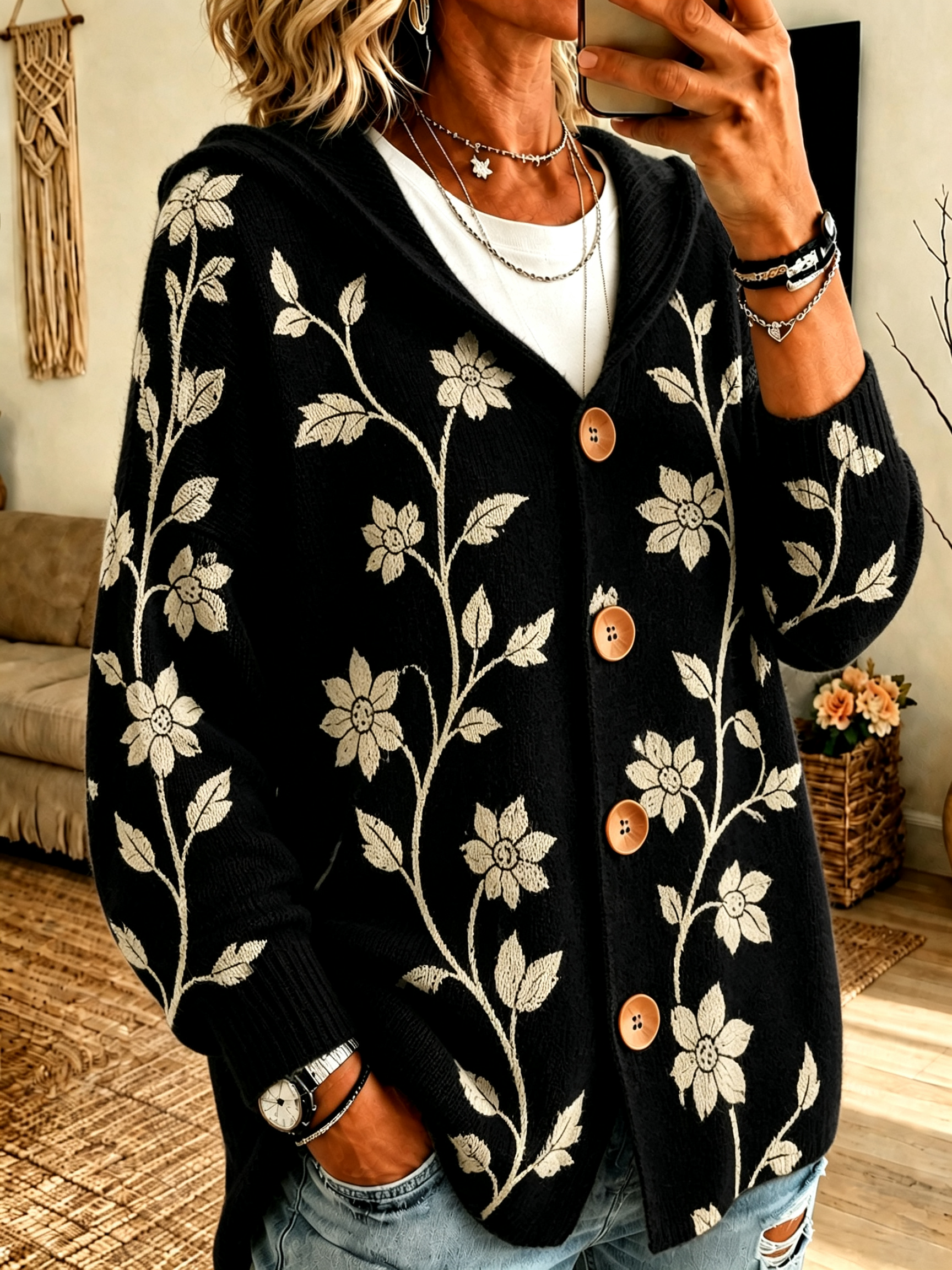 Floral Print Button Hooded Cardigan product image 4