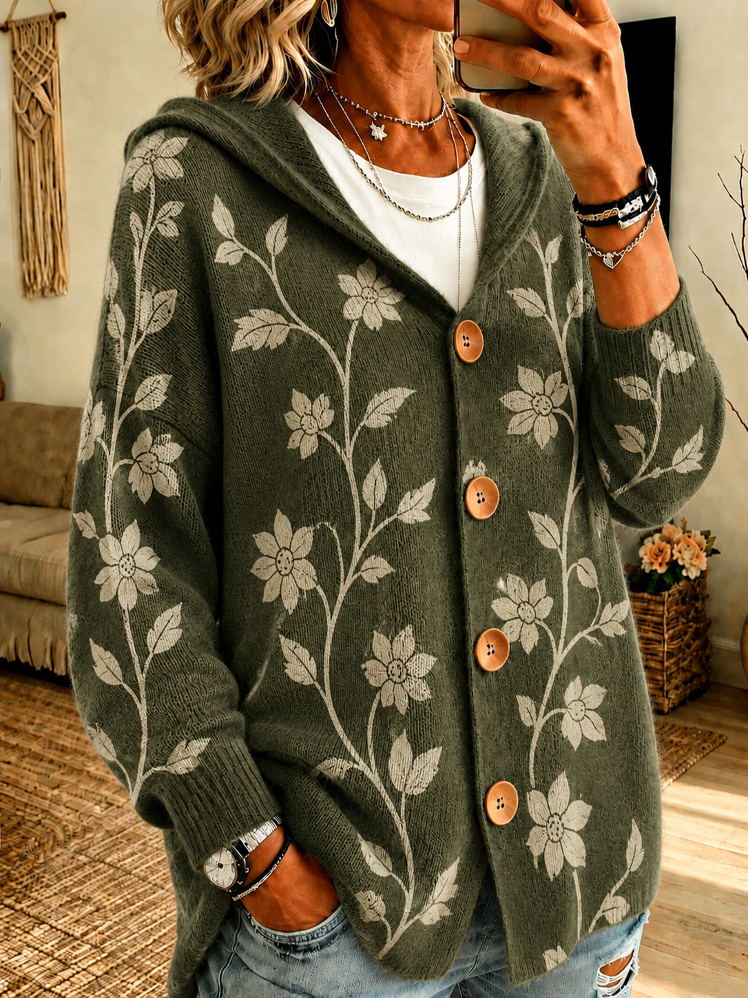 Floral Print Button Hooded Cardigan product image 1