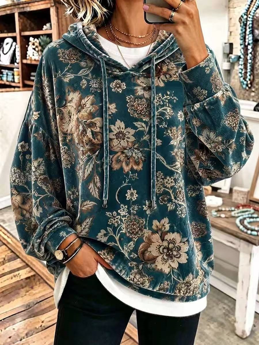 Vintage Floral Velour Drawstring Hoodie product image 1
