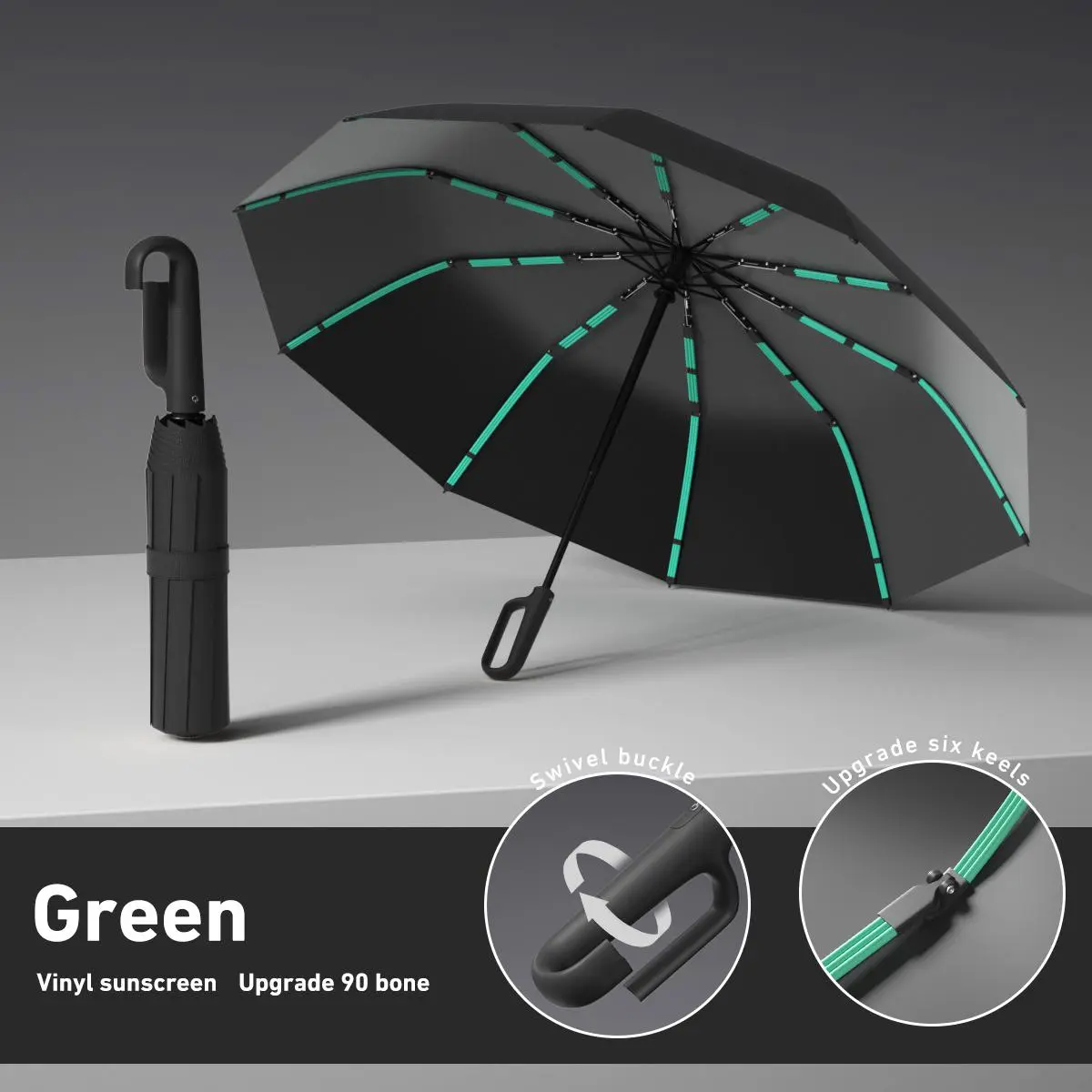 Green & Black automatic folding umbrella, one-size