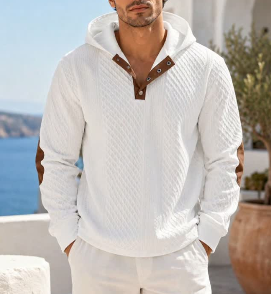 Men Textured Knit Hoodie Quarter Button Casual Sweater With Faux Leather Elbow Patches