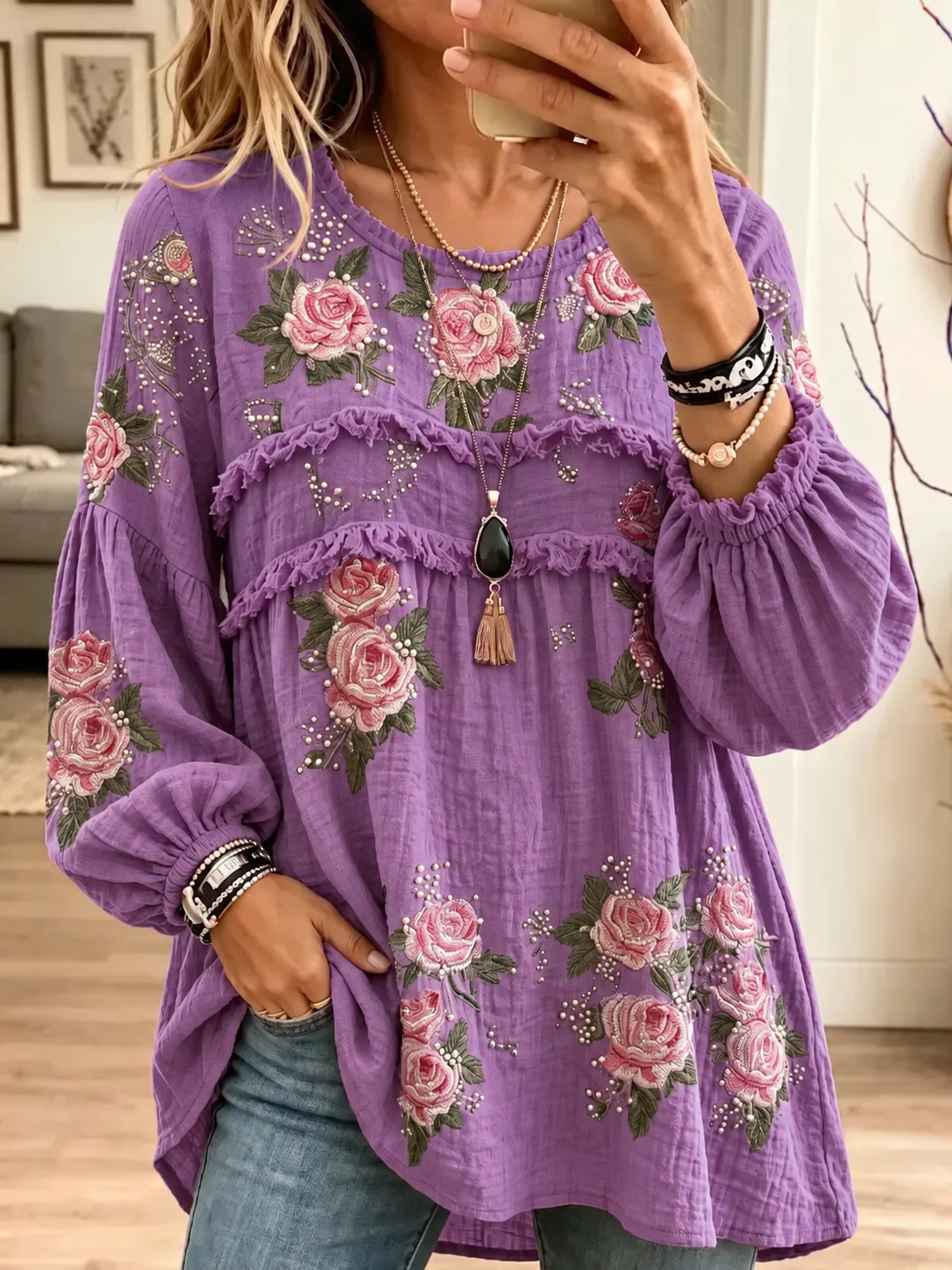 Women's Textured Crinkle Ruffle Babydoll Tunic Blouse