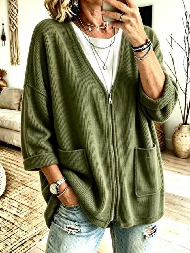 V-Neck Zip Pocket Relaxed Knit Cardigan product image 1