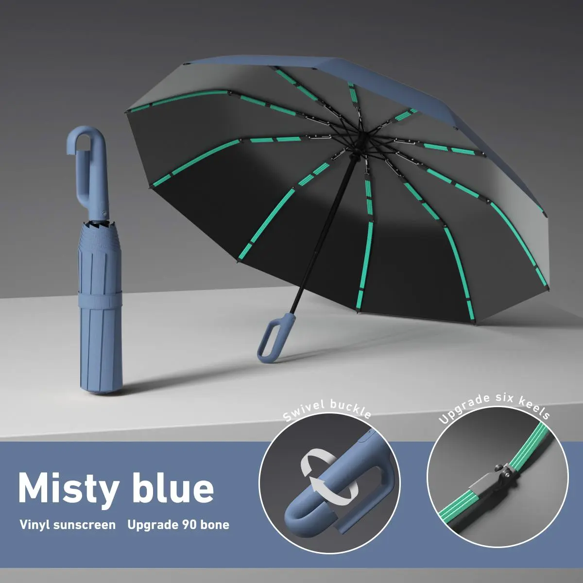 Misty Blue automatic folding umbrella, one-size