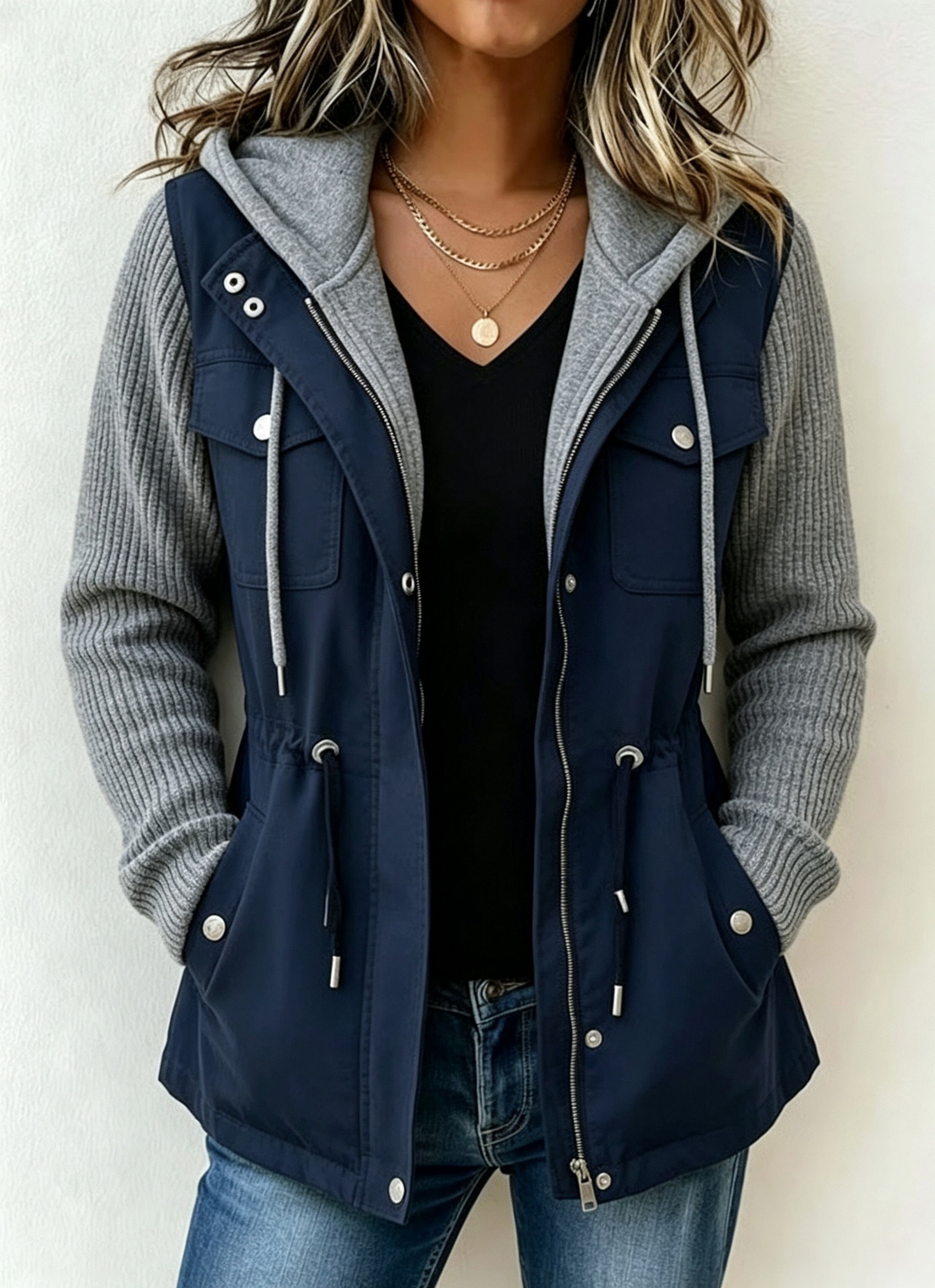 Drawstring Hooded Contrast Sleeve Jacket product image 1