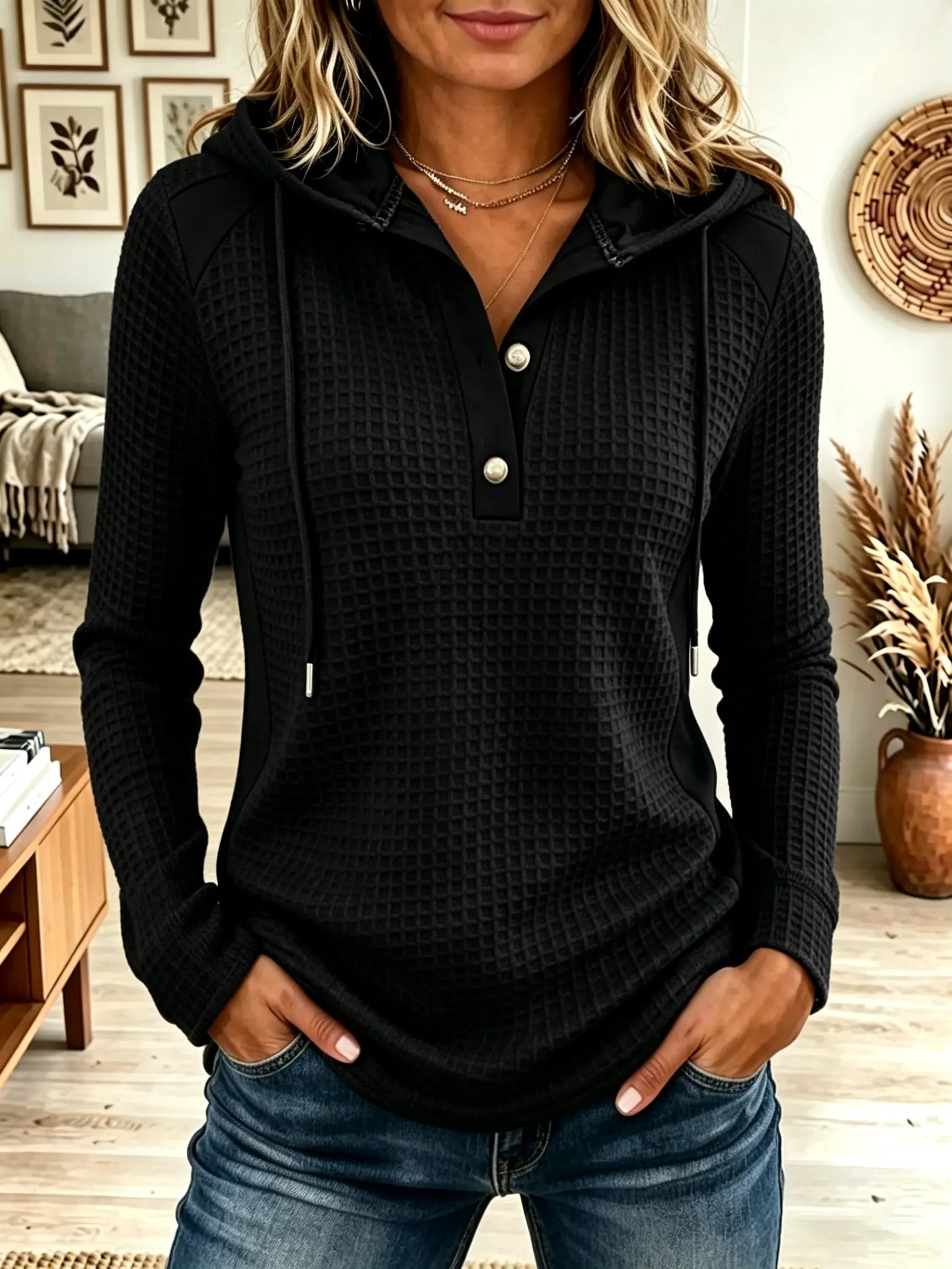 Women's Waffle Knit Colorblock Henley Hoodie product image 8
