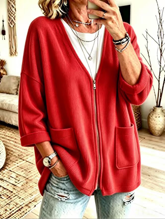 V-Neck Zip Pocket Relaxed Knit Cardigan product image 3
