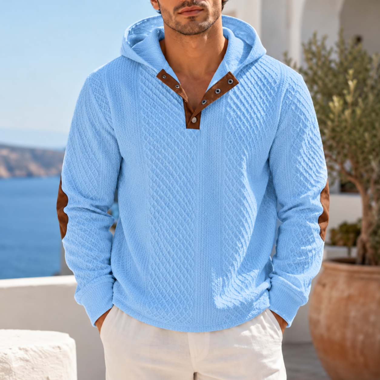 Men Textured Knit Hoodie Quarter Button Casual Sweater With Faux Leather Elbow Patches