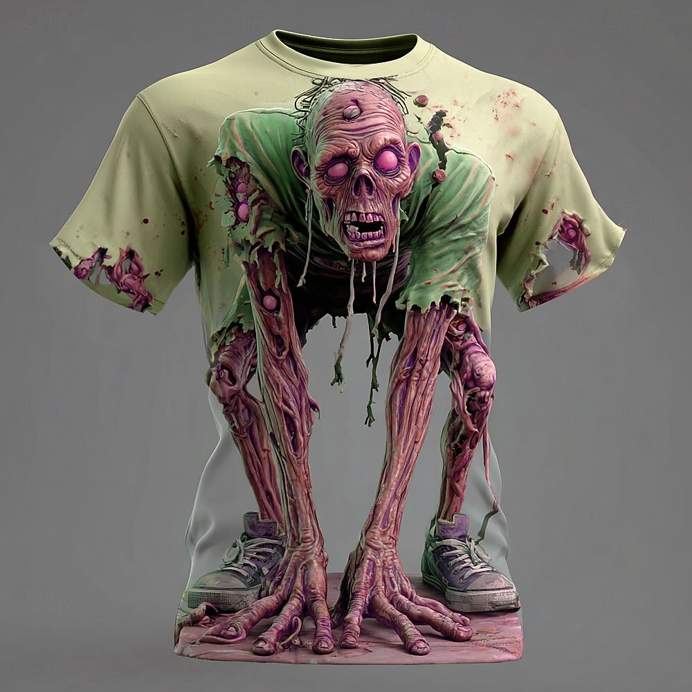  Halloween Men's Optical Illusion Zombies 3D T Shirt Short Sleeve T shirt 3D Print Crew Neck Shirt