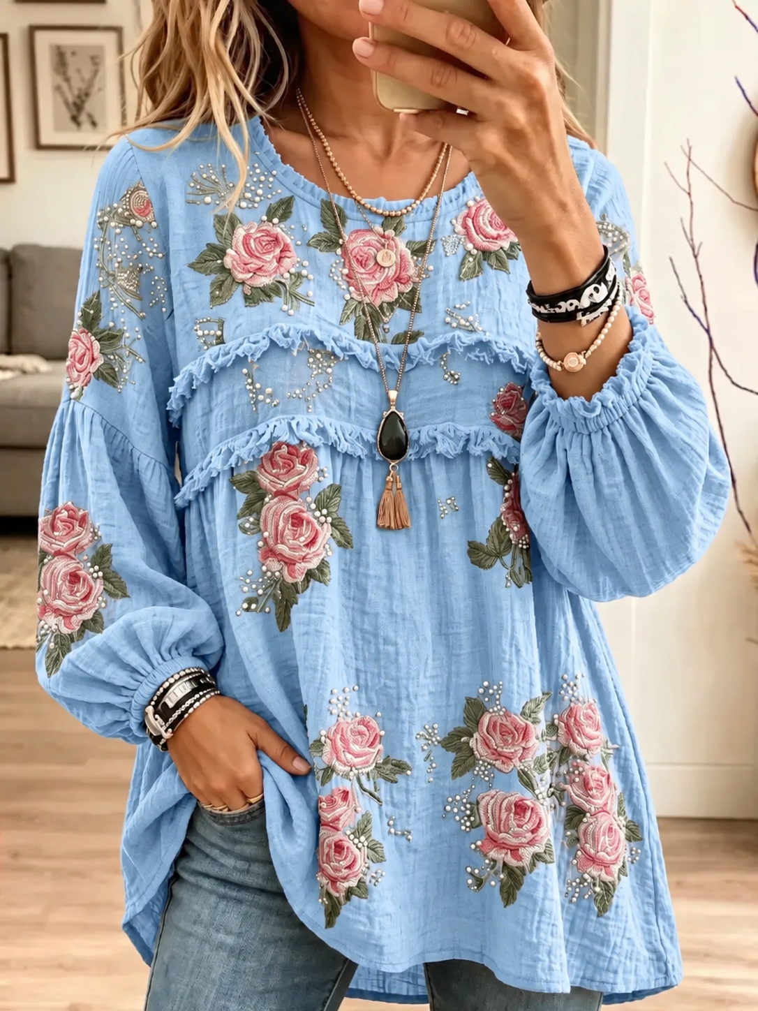Women's Textured Crinkle Ruffle Babydoll Tunic Blouse