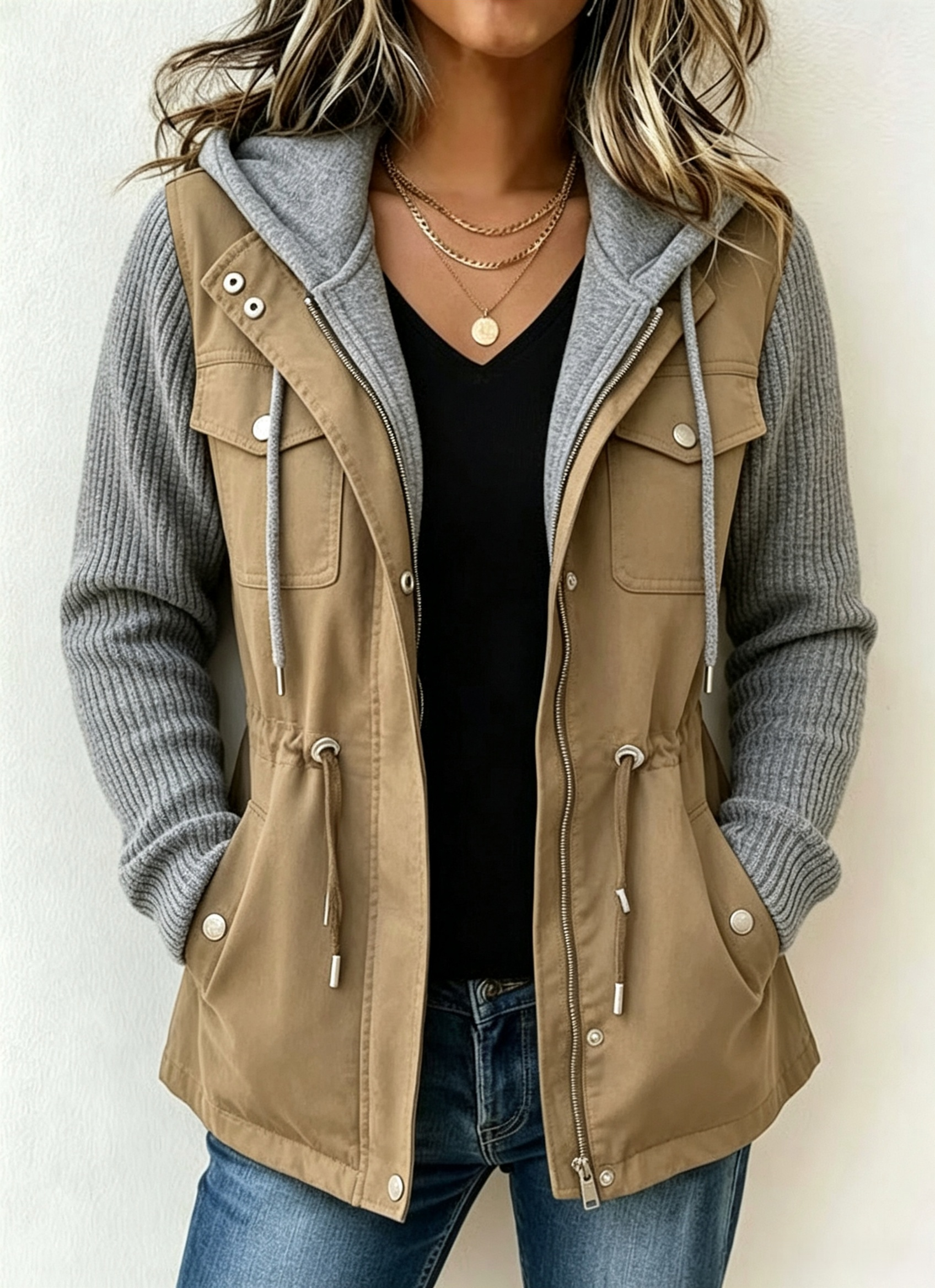 Drawstring Hooded Contrast Sleeve Jacket product image 4