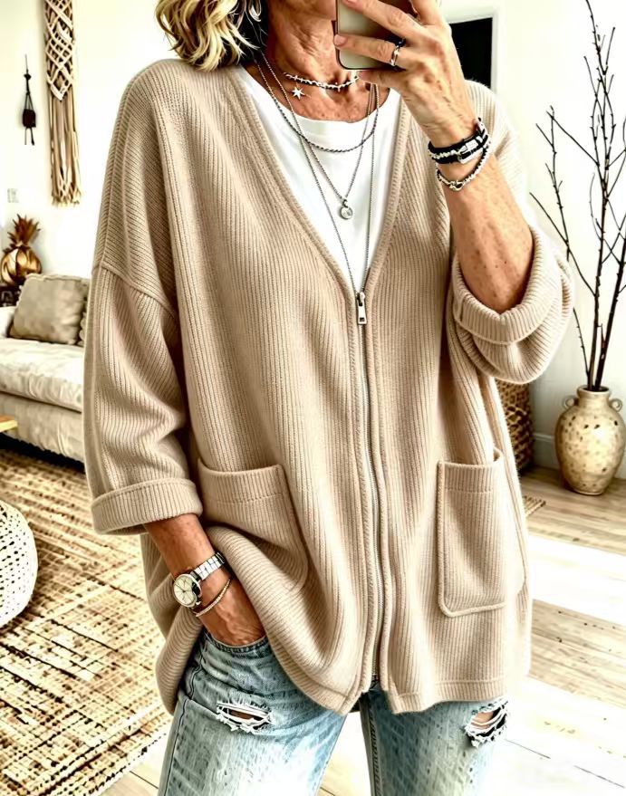 V-Neck Zip Pocket Relaxed Knit Cardigan product image 6