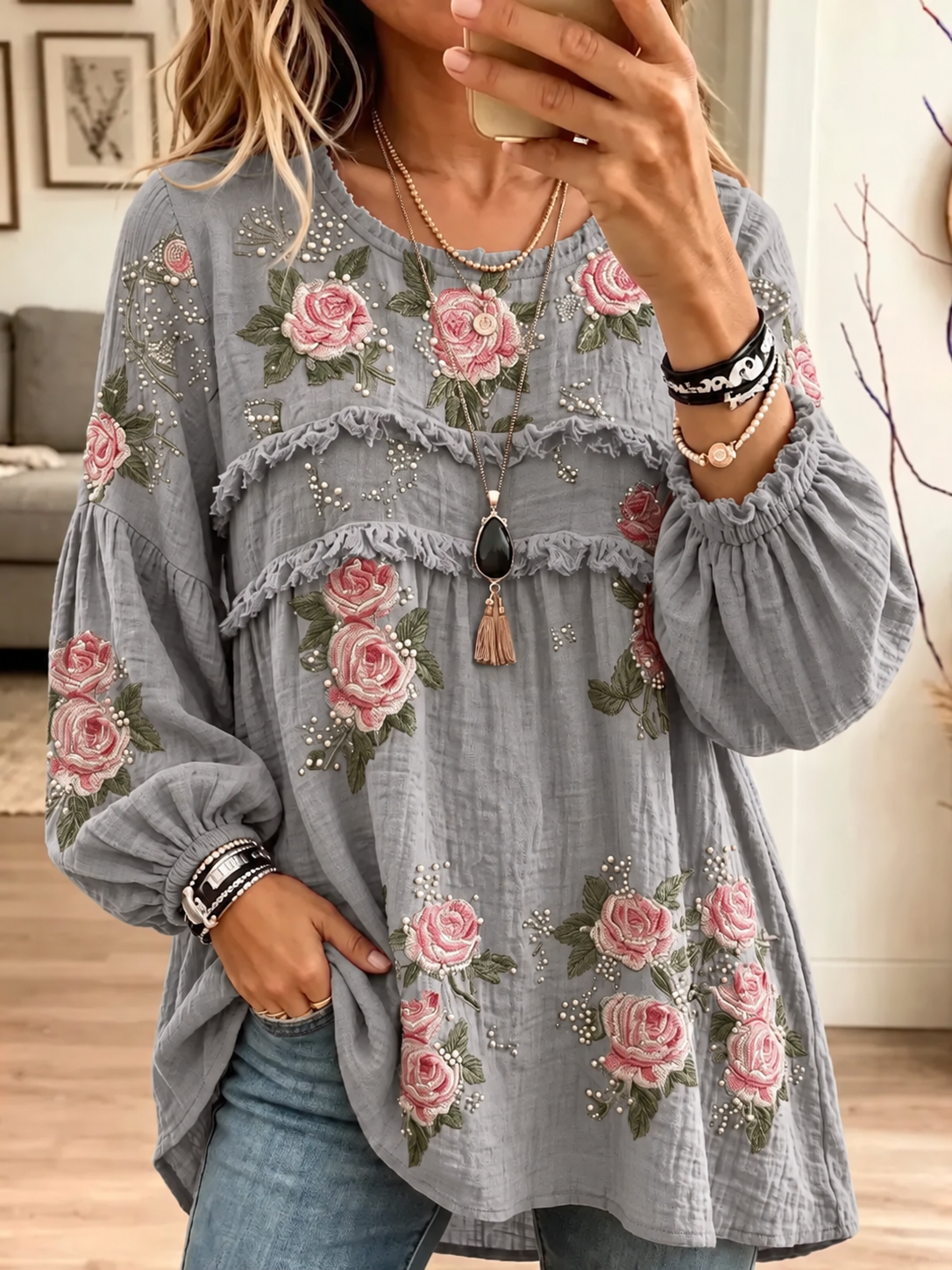 Women's Textured Crinkle Ruffle Babydoll Tunic Blouse
