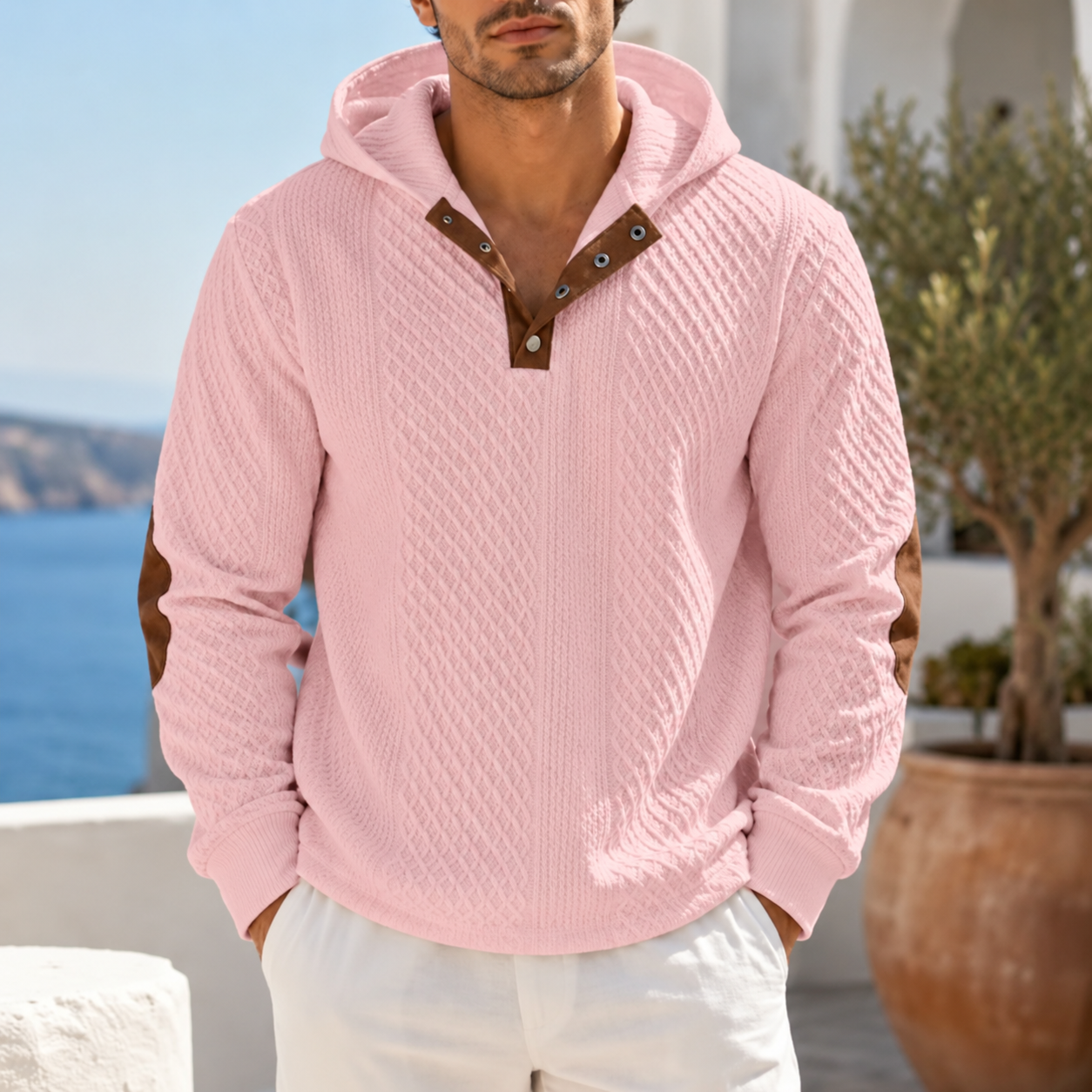 Men Textured Knit Hoodie Quarter Button Casual Sweater With Faux Leather Elbow Patches